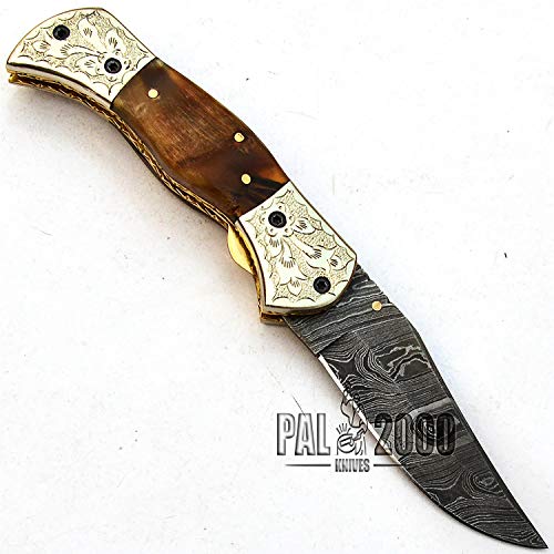 PAL 2000 Hecho a Mano   Cuchillo de Hoja de Acero Damasco Forjado a Mano con Vaina   Manejar de Cuerno de Carnero y Dentro del Mango una Hermosa Obra de Arte con Cobre y latón 9676