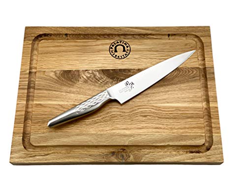 Palatina Werkstatt Kai Seki Magoroku Shoso - Cuchillo multiusos de acero (AB-5161) de 15 cm de hoja de acero inoxidable + tabla de roble de 30 x 22 cm