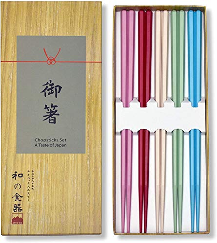 Palillos japoneses reutilizables de fibra de vidrio ligero y duradero, juego de 5 pares, único y colorido en caja de regalo, duradero y apto para lavavajillas (5, fibra de vidrio (pastel))