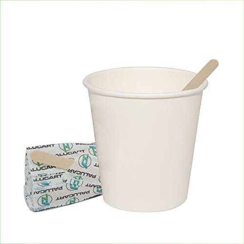 Palucart - Juego de 100 vasos de papel para café de 180 ml, color blanco biodegradable, cartón + 100 palas de madera de abedul para mezclar