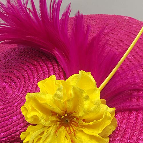 Pamela de Paja Trenzada Rosa Fucsia con Pluma y Flor en Amarillo. Diametro 40 cm Aproximadamente.