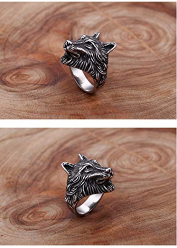 PAMTIER Anillo Cabeza de Lobo para Hombre Acero Inoxidable Plateado Talla 22