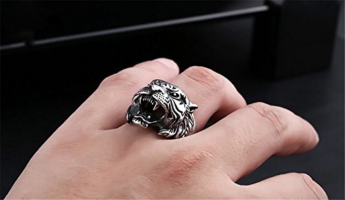 PAMTIER Hombres Acero Inoxidable Vendimia Gótico Biker Tigre Cabeza Ring Band Animal Diseño Negro Plata Tamaño 14