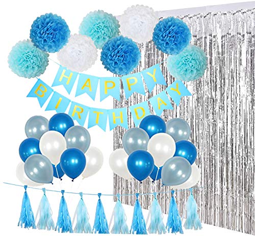 Pancarta decorativa de cumpleaños con cortinas doradas, pompones de pañuelo, guirnalda de papel de látex, globos de látex para fiestas para niños o adultos talla única Serie Azul