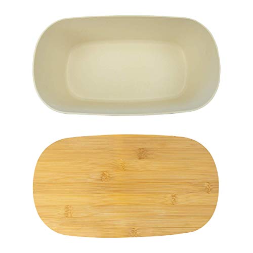 Panera Bambu con Tapa Panera de Madera con Tabla de Cortar (Fibra de Bambú) - Recipiente Bamboo Ecologico Grande para Barras - Caja de Mesa para Guardar Pan - Rectangular 35 cm - Eco, Bio, Sin BPA