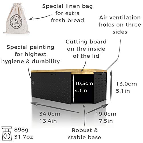 Panera LARS NYSØM en color negro con bolsa de pan de lino para una frescura duradera I fiambrera con tapa de bambú de alta calidad utilizable como tabla de cortar I 34 x 19 x 13 cm