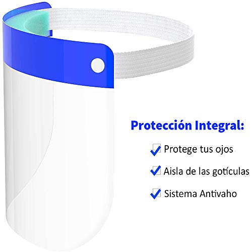 Pantalla Protección Facial – Protector Facial Antivaho. Ajustable con Seguridad para Niños y Adultos. (Pack de 10 unidades, Azul). Visera Protectora Transparente para la Cara Face Shield