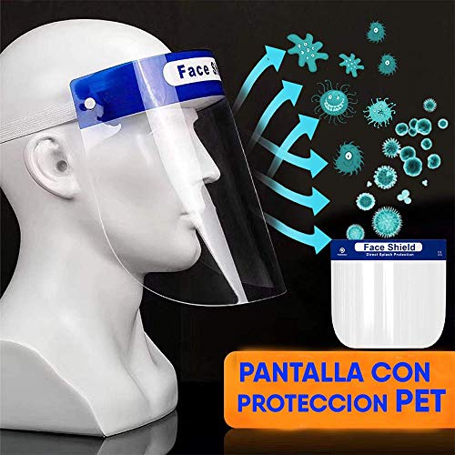 Pantalla Protección Facial – Protector Facial Antivaho. Ajustable con Seguridad para Niños y Adultos. (Pack de 10 unidades, Azul). Visera Protectora Transparente para la Cara Face Shield