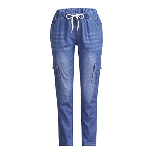 Pantalones Mujer Vaqueros Tallas Grandes con Cordones Cintura Alta Primavera Pantalones Tejanos Largos Mujer Casual Suelto Elásticos Multi-Bolsillo Jeans Leggings Gusspower