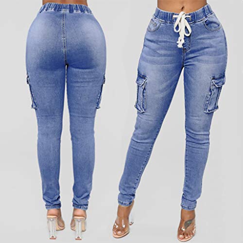 Pantalones Mujer Vaqueros Tallas Grandes con Cordones Cintura Alta Primavera Pantalones Tejanos Largos Mujer Casual Suelto Elásticos Multi-Bolsillo Jeans Leggings Gusspower