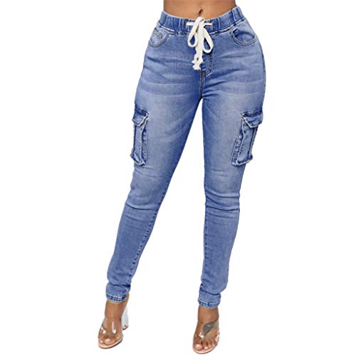 Pantalones Mujer Vaqueros Tallas Grandes con Cordones Cintura Alta Primavera Pantalones Tejanos Largos Mujer Casual Suelto Elásticos Multi-Bolsillo Jeans Leggings Gusspower