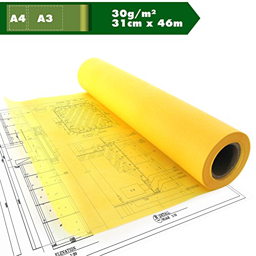 Papel de construcción esboza papel amarillo papel vegetal papel calco papel de calco pañuelo de papel semi transparente A3 A4 de 30 g/m² 12 in x 50 YD, ca. 31 cm x 46 m