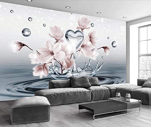 Papel Pintado Fotomurales 3D Gotas De Agua De Flor De Magnolia Rosa Papel pintado no tejido Decoración de Pared decorativos Murales 250x175 cm