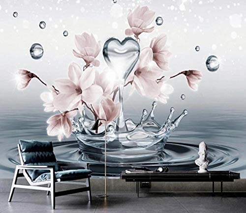 Papel Pintado Fotomurales 3D Gotas De Agua De Flor De Magnolia Rosa Papel pintado no tejido Decoración de Pared decorativos Murales 250x175 cm