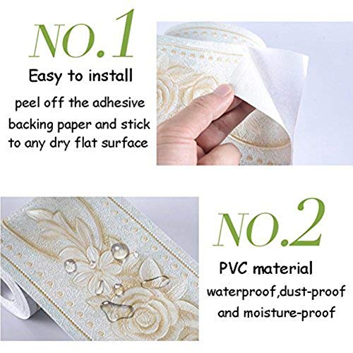 Papel pintado impermeable frontera patrón 3D pared extraíble autoadhesivo cocina baño Stciker pared papel frontera pared frontera pared 4.2 x 199.1 pulgadas (flor)