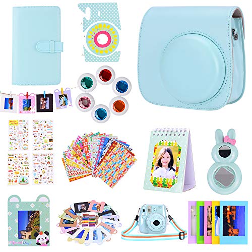 Paquete de Accesorios para cámara Bsuuy Instax Mini 9 para FujiFilm Instax Mini 9 8 8+ con Estuche Mini 9 / álbum/Lente Selfie/filtros/Pegatina de Camara (12 en 1 Azul Hielo)