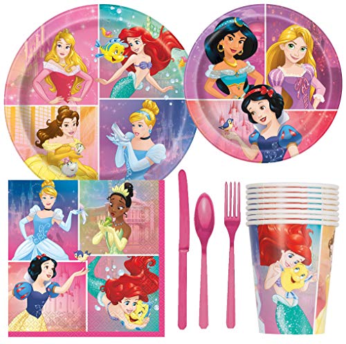 Paquete de suministros para fiesta de cumpleaños de princesas Disney que incluye tartas y platos de almuerzo, cubiertos, vasos, servilletas (8 invitados)