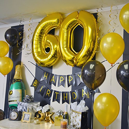 Paquete para Fiesta de Cumpleaños Número 60 – Paquete con Banderín de Feliz Cumpleaños Negro y Dorado, Pompones y Serpentinas- Decoración para Cumpleaños – Artículos para la Fiesta de Cumpleaños 60