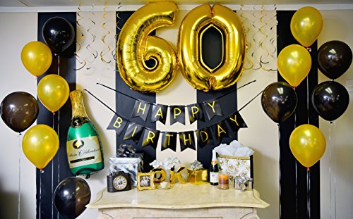 Paquete para Fiesta de Cumpleaños Número 60 – Paquete con Banderín de Feliz Cumpleaños Negro y Dorado, Pompones y Serpentinas- Decoración para Cumpleaños – Artículos para la Fiesta de Cumpleaños 60