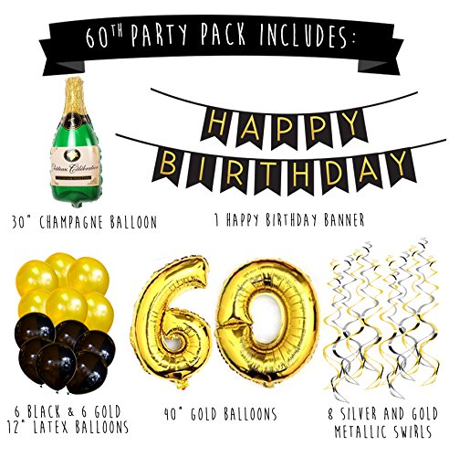 Paquete para Fiesta de Cumpleaños Número 60 – Paquete con Banderín de Feliz Cumpleaños Negro y Dorado, Pompones y Serpentinas- Decoración para Cumpleaños – Artículos para la Fiesta de Cumpleaños 60