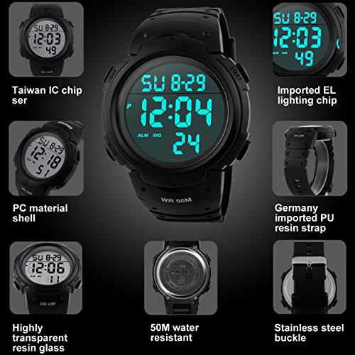 para la práctica de Deportes de los Relojes Digitales - 50 m Impermeable Deporte Reloj con Alarma Cronómetro, Color Negro Big Face Running Reloj de Pulsera con.