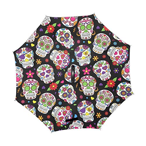 Paraguas Halloween cráneos Hello Welcome Floral Flores Azúcares inversa reversible lluvia solar reversible para uso en coche al aire libre con mango en forma de C