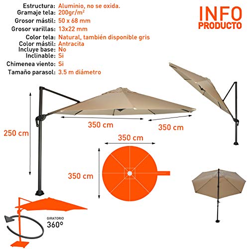 Parasol de exterior descentrado con mástil lateral, Redondo 350 cm, Tela con gramaje 200 gr beige, Inclinable y giratorio 360 grados, No incluye base de parasol, Funda protectora color gris incluida