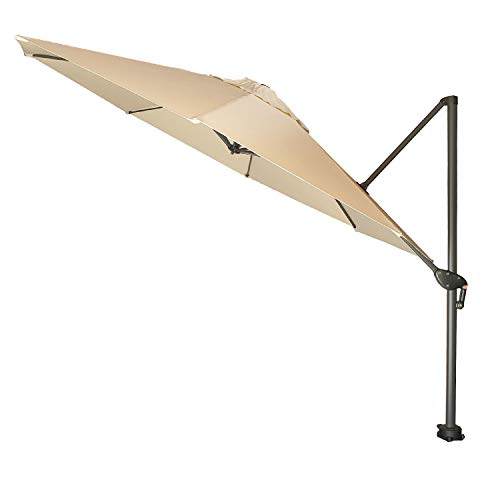 Parasol de exterior descentrado con mástil lateral, Redondo 350 cm, Tela con gramaje 200 gr beige, Inclinable y giratorio 360 grados, No incluye base de parasol, Funda protectora color gris incluida