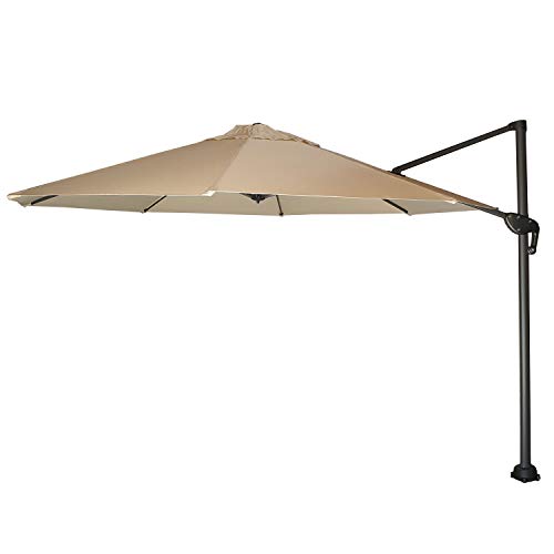 Parasol de exterior descentrado con mástil lateral, Redondo 350 cm, Tela con gramaje 200 gr beige, Inclinable y giratorio 360 grados, No incluye base de parasol, Funda protectora color gris incluida