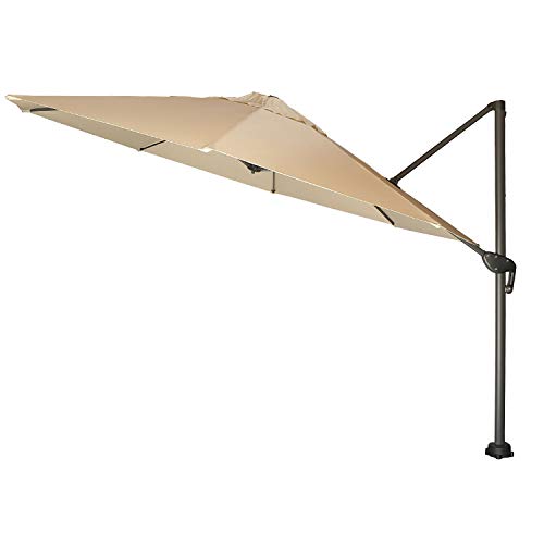 Parasol de exterior descentrado con mástil lateral, Redondo 350 cm, Tela con gramaje 200 gr beige, Inclinable y giratorio 360 grados, No incluye base de parasol, Funda protectora color gris incluida