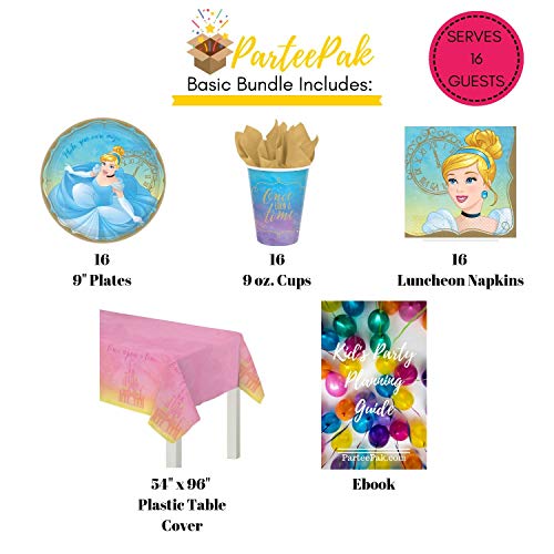 ParteePak Princess Cenicienta Party Supplies Bundle para 16 invitados con libro electrónico de planificación de fiestas