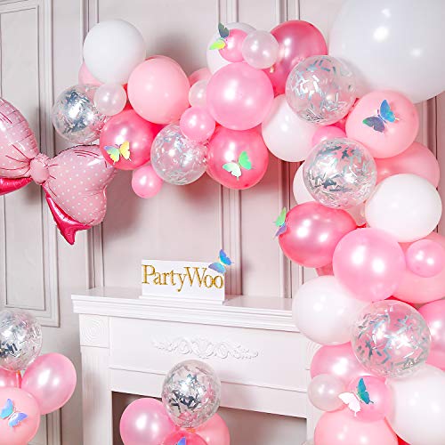 PartyWoo Globos Rosa, 100 Piezas Globos Rosa, Globos Rosa Pastel, Globos Confeti Plateados, Globos Blancos, Globo de Aluminio con Pajarita y Mariposas Láser para Niña Baby Shower, Cumpleaños de Niña