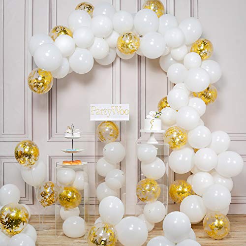 PartyWoo Látex Globos de Cumpleaños 100 Piezas Globos de Helio Globos Boda para Cumpleaños Decoración Fiesta Aniversario Baby Shower Comunión Bodas Navidad Graduación-Blanco y Dorado Confeti