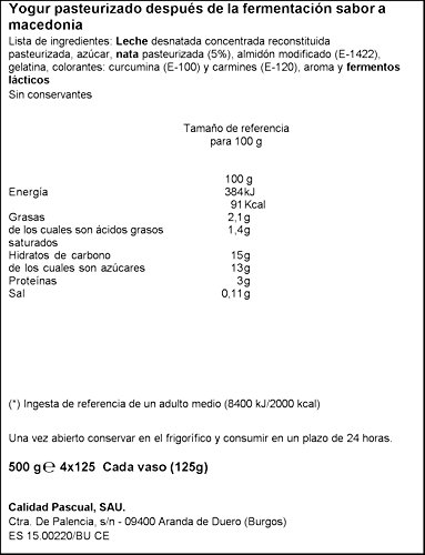 Pascual Yogur Sabor a Macedonia - Paquete de 4 x 125 gr - Total: 500 gr - , Pack de 6