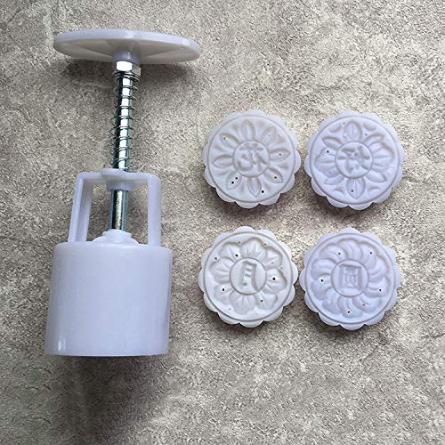 Pasteles redondos Mooncake Mold Cookies Mooncake Mold, Cortadores de galletas 3D Moon Cake Mold, Mooncake Mold Press 50g con 4 sellos de flores Herramientas de decoración para hornear DIY Cookie