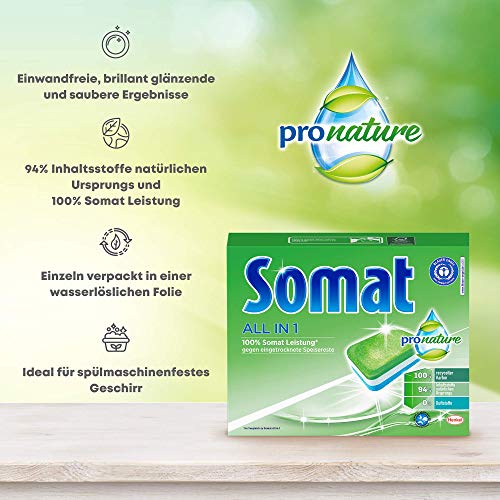 Pastillas Somat All in 1 Pro Nature para lavavajillas, 56 (1 x 56), respetuoso con el medio ambiente, con 100% de potencia Somat con lámina soluble en agua, 56 unidades