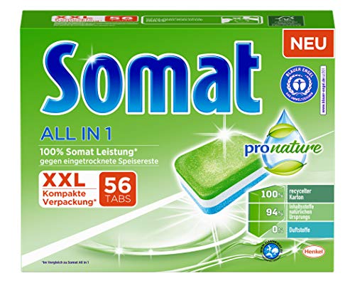 Pastillas Somat All in 1 Pro Nature para lavavajillas, 56 (1 x 56), respetuoso con el medio ambiente, con 100% de potencia Somat con lámina soluble en agua, 56 unidades