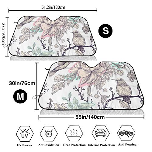 Patrón de dibujo con pájaros y flores para ventana delantera del coche, parasol bloquea los rayos UV para mantener tu vehículo fresco para camioneta SUV, personalizable.