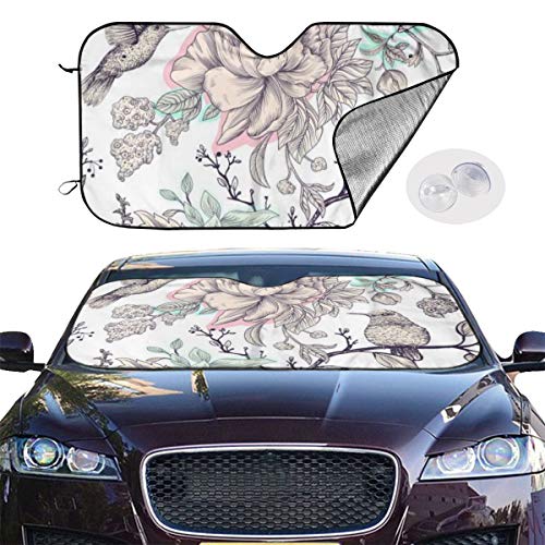 Patrón de dibujo con pájaros y flores para ventana delantera del coche, parasol bloquea los rayos UV para mantener tu vehículo fresco para camioneta SUV, personalizable.