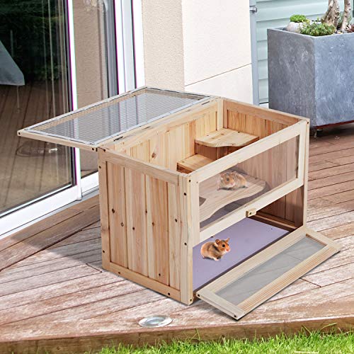 Pawhut Jaula Madera para Hámster Ratoncillos Roedores Casa para Animales Pequeños 2 Niveles 60x35x42cm