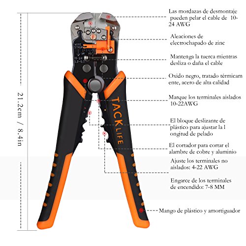 Pelacables, Tacklife MWS02 Alicate pelacables automático, Longitud 210mm, Rango de Pelar 10-24 AWG 0.2-6mm, Herramienta Multifuncional de Electricista especial para pelar/cortar/presionar el cable