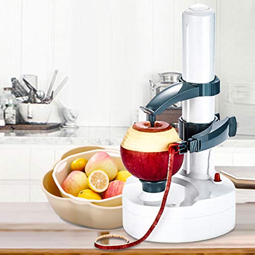 Pelador de papas eléctrico, Pelador de frutas automático eléctrico multifuncional Herramienta de pelado del cortador de pelado de frutas y verduras giratorio automático(Blanco)