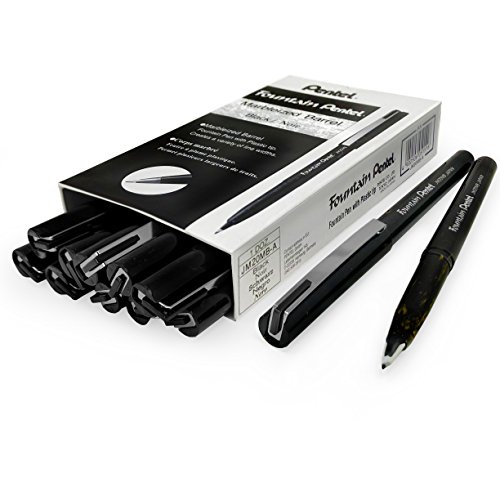 Pentel Fountain JM20 - Bolígrafo desechable tipo pluma, barril con diseño marmolado negro y dorado, tinta negra, caja de 12