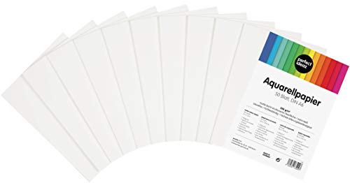 perfect ideaz 50 hojas papel para acuarela DIN-A6, 300 g, blanco, papel para pinturas de acuarelas con estructura ligera y mate, para artistas, escolares y estudiantes, ideal para postales