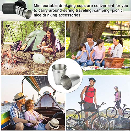 PERFETSELL 4 Pcs Vaso Chupito Acero 30 Ml Vasos de Acero Inoxidable Vaso de Metal Vasos Camping Irrompible Vaso Pequeño Plegables y Reutilizables con Funda de Cuero para Camping Viaje Niños y Casa