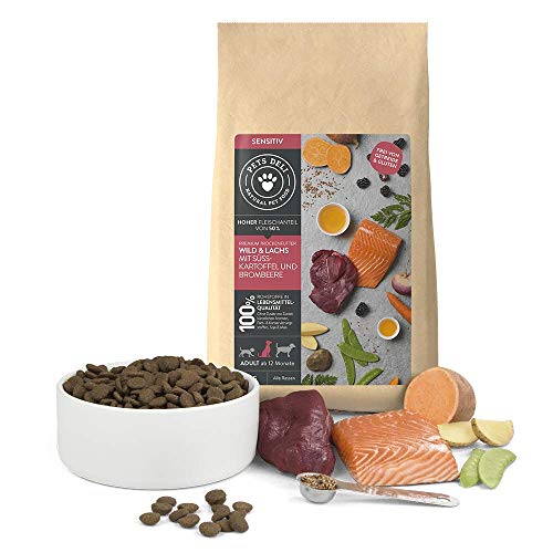 Pets Deli Comida para Perros sin Cereales 6kg – pienso Saludable para Perros | Carne de Caza y salmón con Batata Dulce y madura - Comida Seca con 50% de Carne y Pescado, sin aditivos