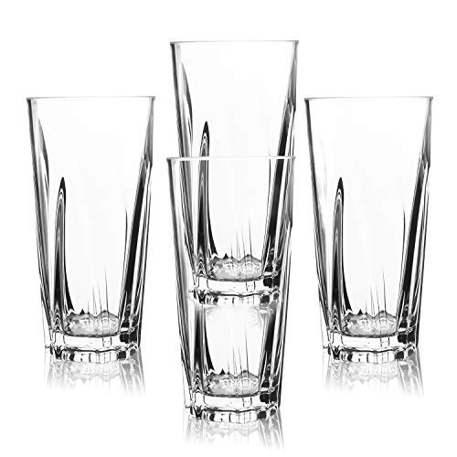 PEYOU Vasos Agua Cristal Plástico Duro (Juego de 4), Vasos de Agua 450 ML, Vasos Acrílico Transparentes [Resistente a Las Roturas,Reutilizable,Lavavajillas] para Té, Café, Whisky y Leche