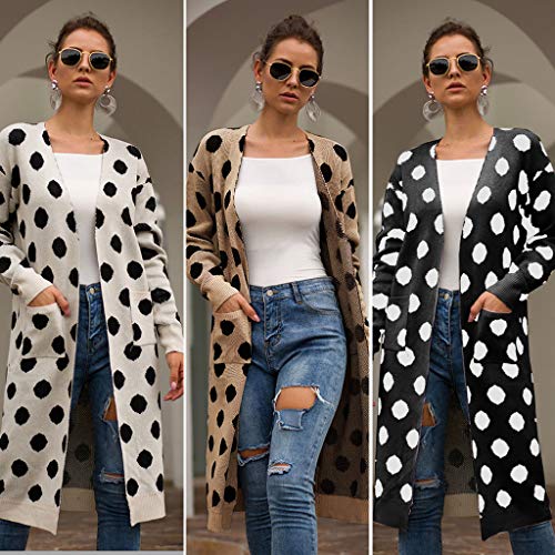 PHILSP Cárdigan de Invierno Mujer Cárdigan Suelto de Manga Larga Vintage Polka Dot Suéter de Punto Abrigo de Abrigo Negro S