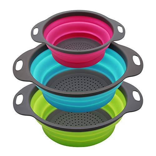 PHILWIN Juego de 3 coladores plegables de cocina, dos piezas de 4 cuartos y una pieza de 2 cuartos, perfecto para drenar pasta, verduras, frutas (verde, azul, morado)