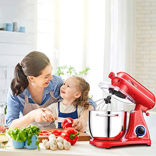 PHISINIC Robot de Cocina multifunción Batidora Amasadora de Pan Repostería 1800 W 6.5L 6 Velocidades con Función de Pulso Carcasa de Metal, Silencioso, Color Rojo